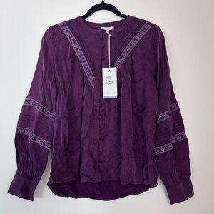 NWT Johnny was calme PLEATED BUTTON DOWN TOP WITH SHIRRING plum size small
